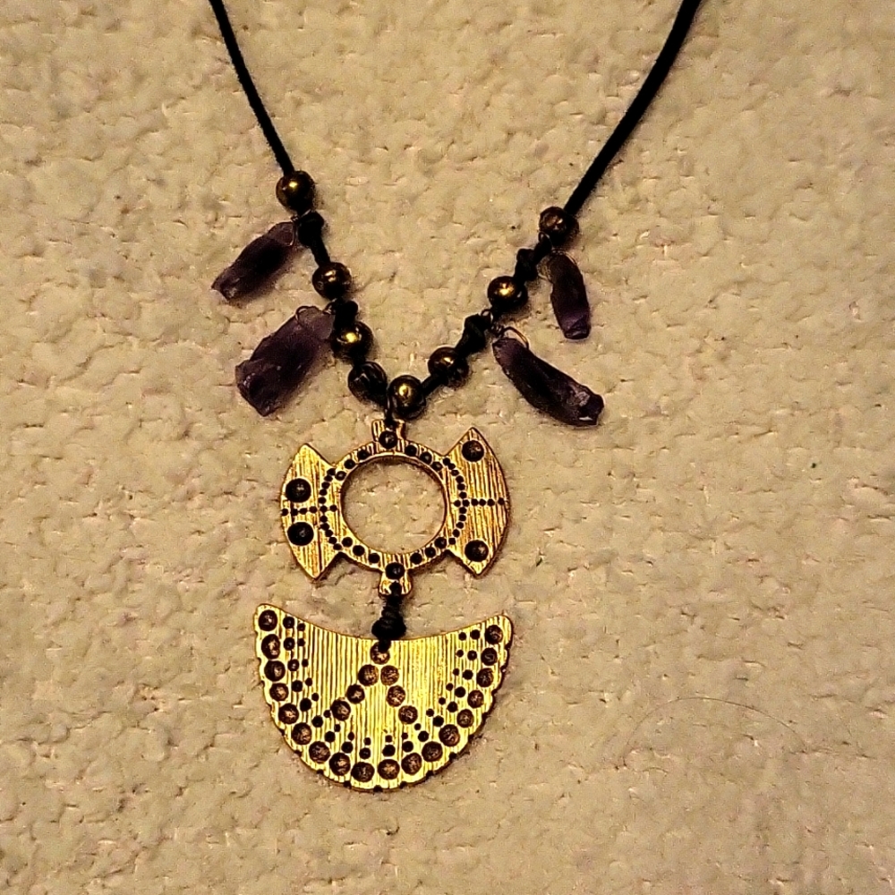 Gold tone with purple rock and leather adjustable necklace